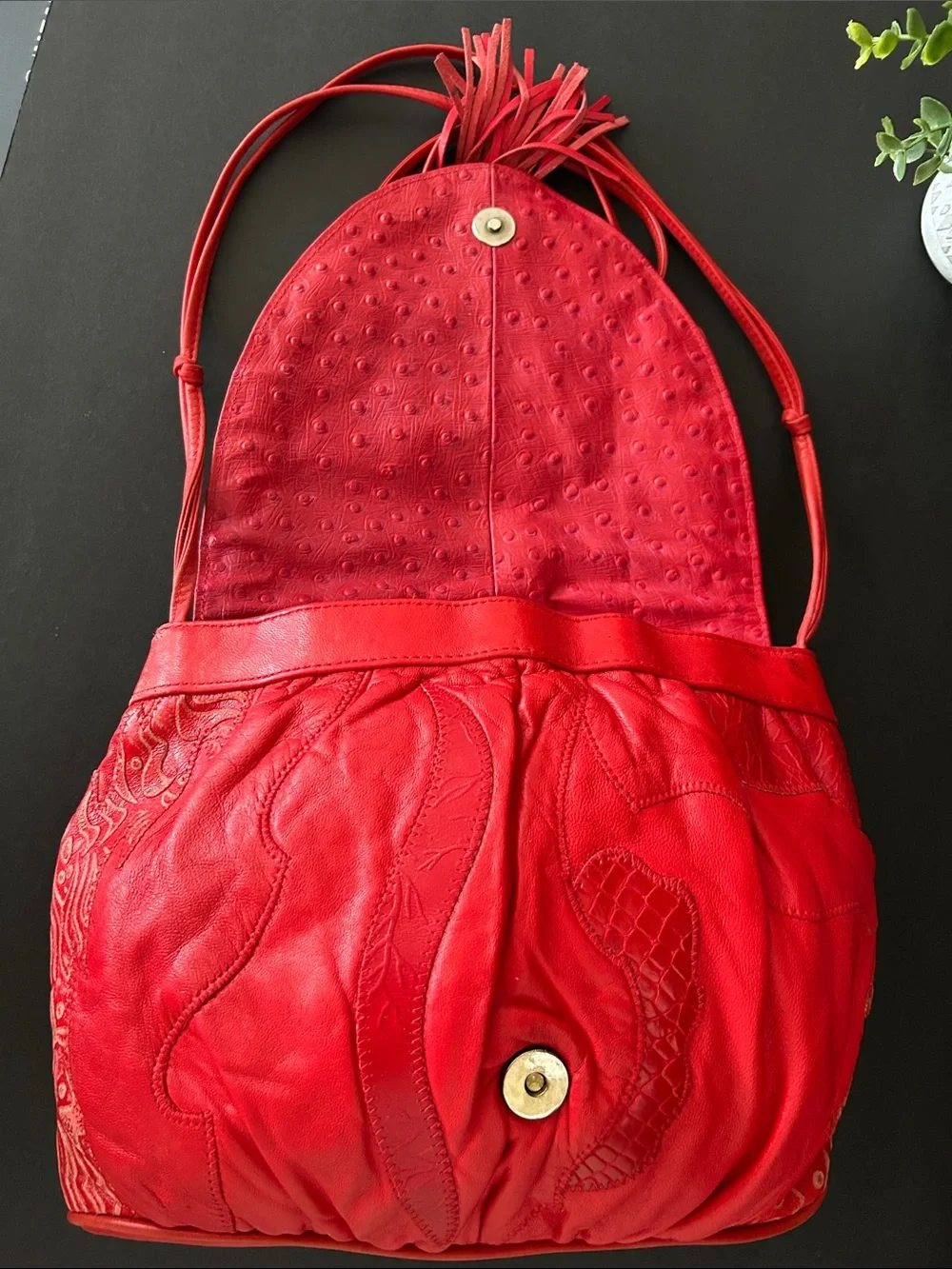Viva of California Vintage Red Leather Fringe Shoulder Bag with Embossed Detail